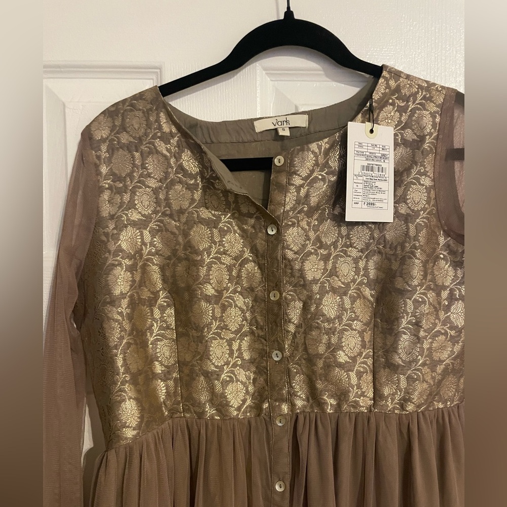 NWT Vark Gold taupe and mesh dress ruffled tiered size small - Picture 6 of 6